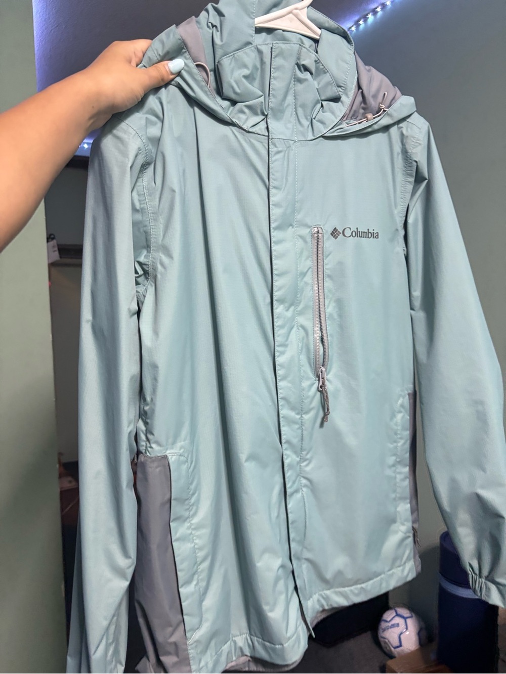 Columbia Light Blue and Gray Women's Waterproof Hooded Raincoat
